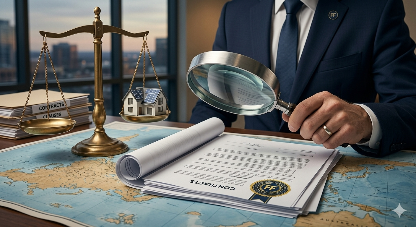 Attorney reviewing solar contract documents with magnifying glass and scales of justice